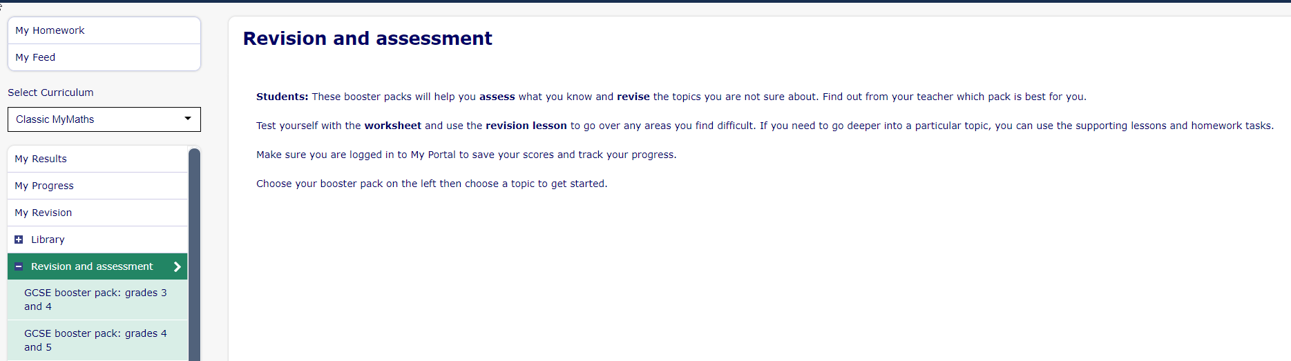 MyMaths revision and assessment page in MyPortal