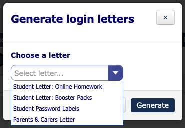 generate login letters modal